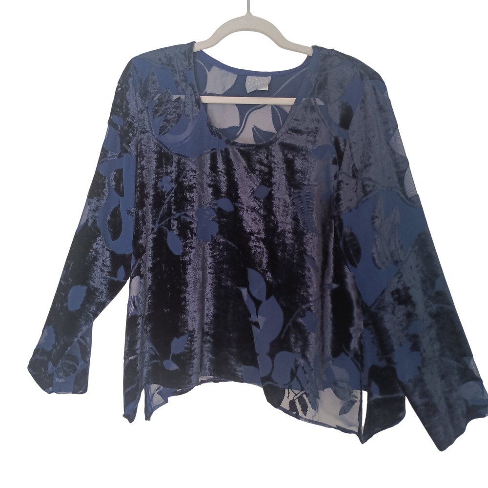 Rabbit Rabbit Designs Blouse Women 14 Blue Burnout Velvet Floral Sheer Made USA